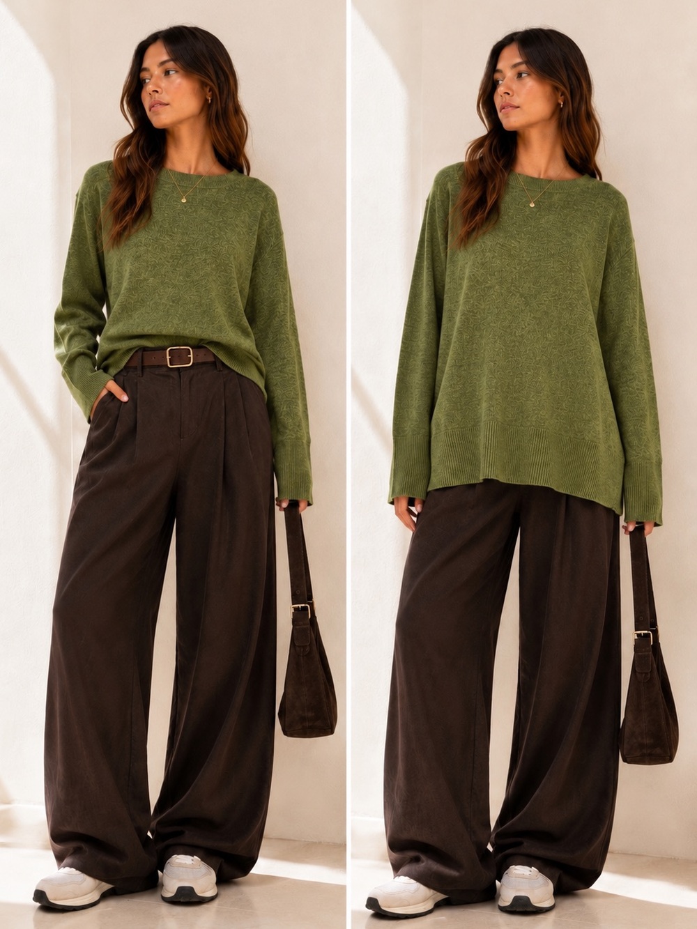 COS Oversized 100% Wool Knit Sweater Heather Olive Green Crew Neck M Oversized
